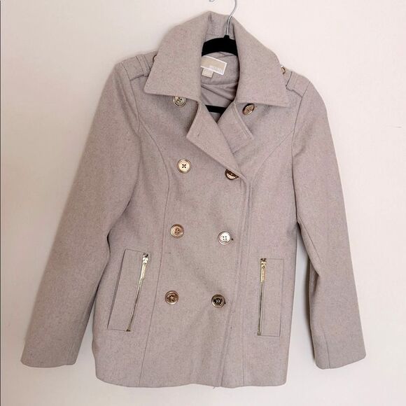 Michael Kors Women Light Tan Pea Coat with Gold Buttons Double Breasted Small - Picture 1 of 7